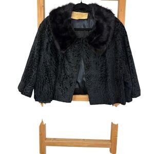 Vintage Mortons Black Crushed Velvet Fur Collar Short Coat Jacket M L